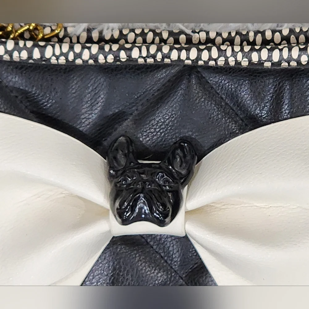 Betsey Johnson | Frenchie Bull Dog Bow Vegan Leather Quilted Tote | Black/White - Picture 3 of 14